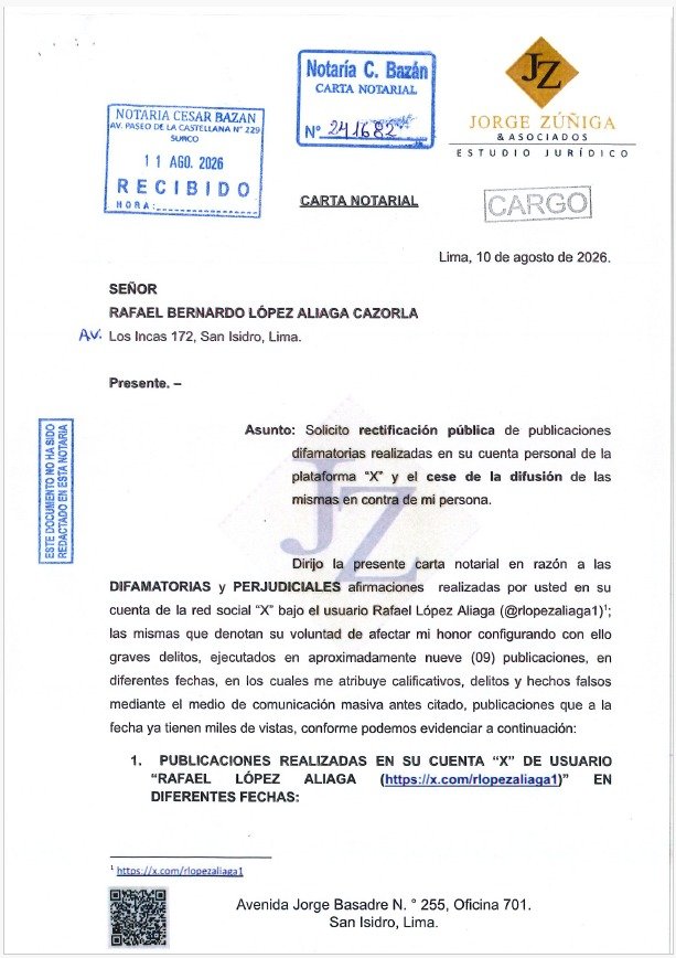 Carlos_Bruce's tweet photo. NO TODO VALE EN POLÍTICA
He enviado una carta notarial a @rlopezaliaga1 para que se rectifique de las graves acusaciones falsas que ha hecho en mi contra.
La política debe ser una confrontación de ideas y propuestas, no una competencia por ver quién difama más. Si no se rectifica, acudiré al Poder Judicial.
Que quede claro: no voy a permitir que se mienta sobre mi persona ni mi trayectoria profesional.