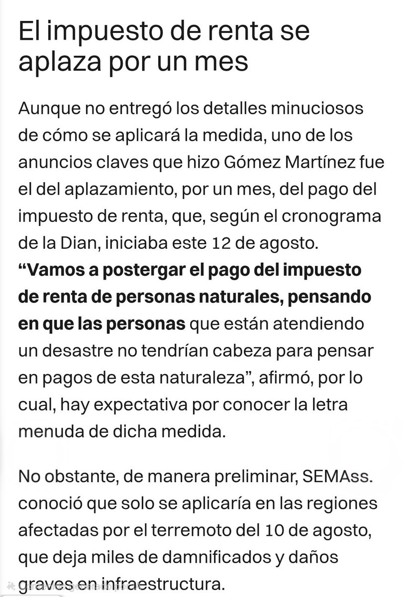 taxdata_'s tweet photo. 𝗘𝗹 𝗶𝗺𝗽𝘂𝗲𝘀𝘁𝗼 𝗱𝗲 𝗿𝗲𝗻𝘁𝗮 𝘀𝗲 𝗮𝗽𝗹𝗮𝘇𝗮 𝗽𝗼𝗿 𝘂𝗻 𝗺𝗲𝘀

"de manera preliminar, SEMANA conoció que solo se aplicaría en las regiones afectadas por el terremoto del 10 de agosto, que deja miles de damnificados y daños graves en infraestructura"
@RevistaSemana https://t.co/sfDOfYaJZe