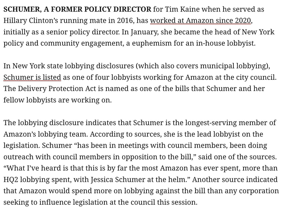 ddayen's tweet photo. Yesterday Mayor Mamdani endorsed a bill to force Amazon to employ its own delivery drivers, rather than outsource the work to subcontractors. The Prospect can report that Amazon's lead lobbyist on that bill is Chuck Schumer's daughter Jessica.
https://t.co/BYKMblSRDr https://t.co/fNThvjqz2O