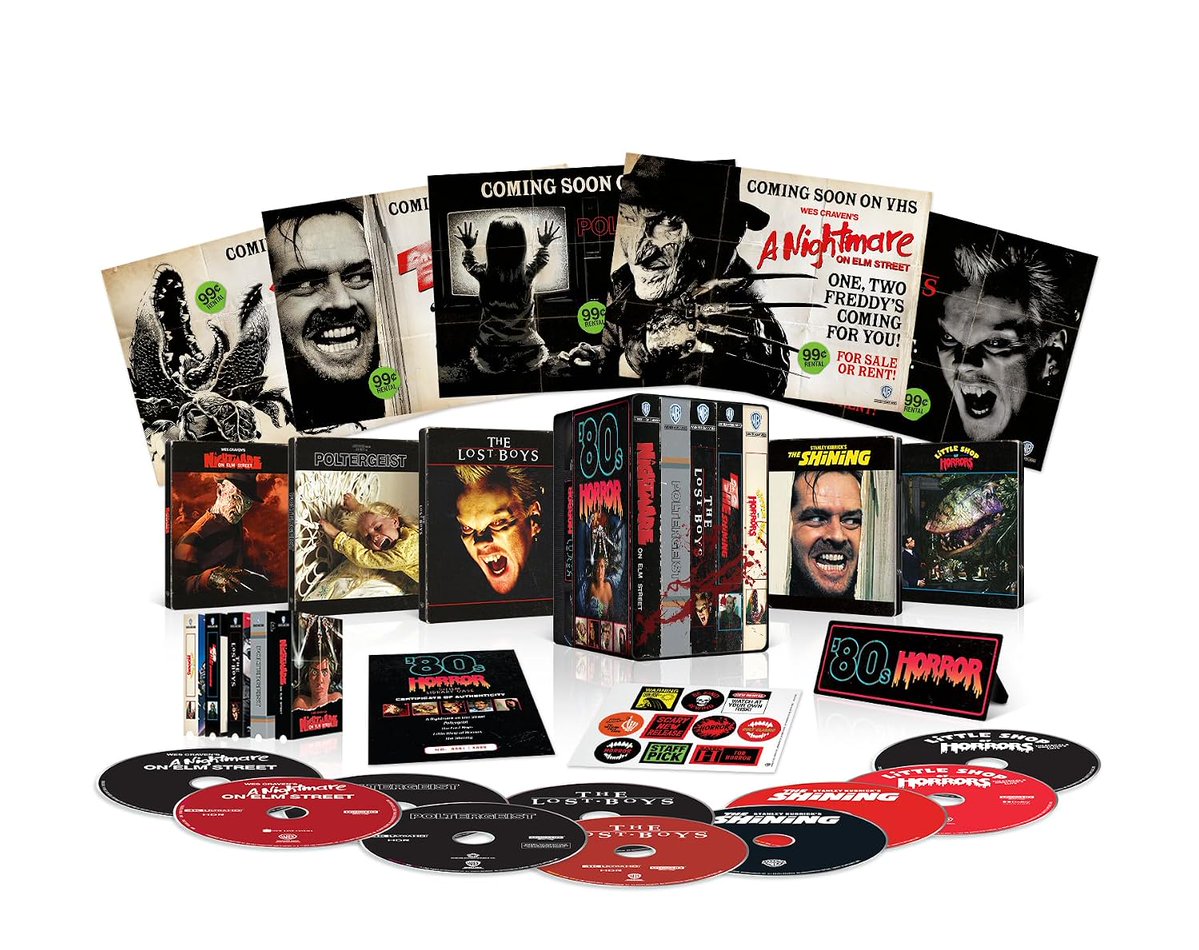 BDisgusting's tweet photo. Housed in VHS style packaging, Warner Bros. will release the ‘80s Horror 5-Film SteelBook Library Case Set on October 6.

The Amazon Exclusive features A Nightmare on Elm Street, Poltergeist, The Lost Boys, The Shining, and Little Shop of Horrors.

Pre-order from Amazon now. https://t.co/fy9eZ3mZxU