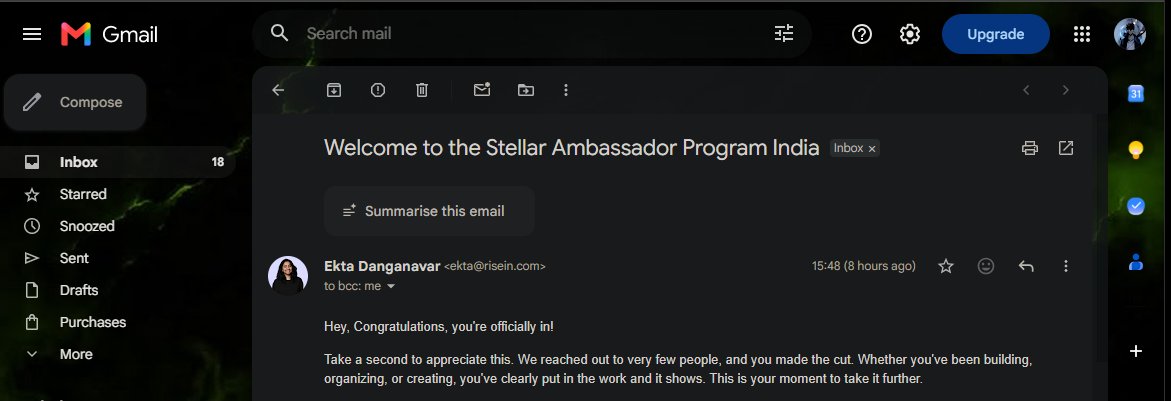 princedotsol's tweet photo. ๐ Officially a @IND_stellar Ambassador ๐ฎ๐ณ
From applying to getting selected โ feels good
Grateful to @ektaamd, @IND_stellar & @riseinweb3 for the trust and opportunity.
Letโs build & grow Stellar in India. ๐ซก
#Stellar #RiseIn #Web3 https://t.co/U4axD3qgnA