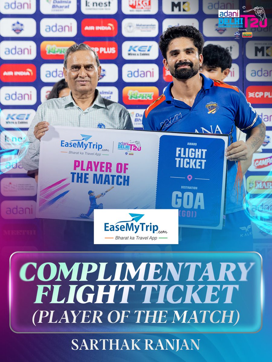 DelhiPLT20's tweet photo. Eight fours, two sixes and one ticket to take off! 😎✈️ Sarthak Ranjan bags the EaseMyTrip Complimentary Flight Ticket.

#AdaniDPL2026 #AdaniDPL #DPL #AdaniDelhiPremierLeague #WDLvsNDS https://t.co/tAl6iaQGwn