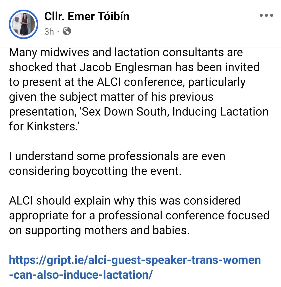 AontuClare's tweet photo. Well done to Aontu Councillor Emer Toibin for highlighting the concerns that lactation consultants have regarding the guest speaker at upcoming  ALCI conference. https://t.co/Xfwr92ycpe