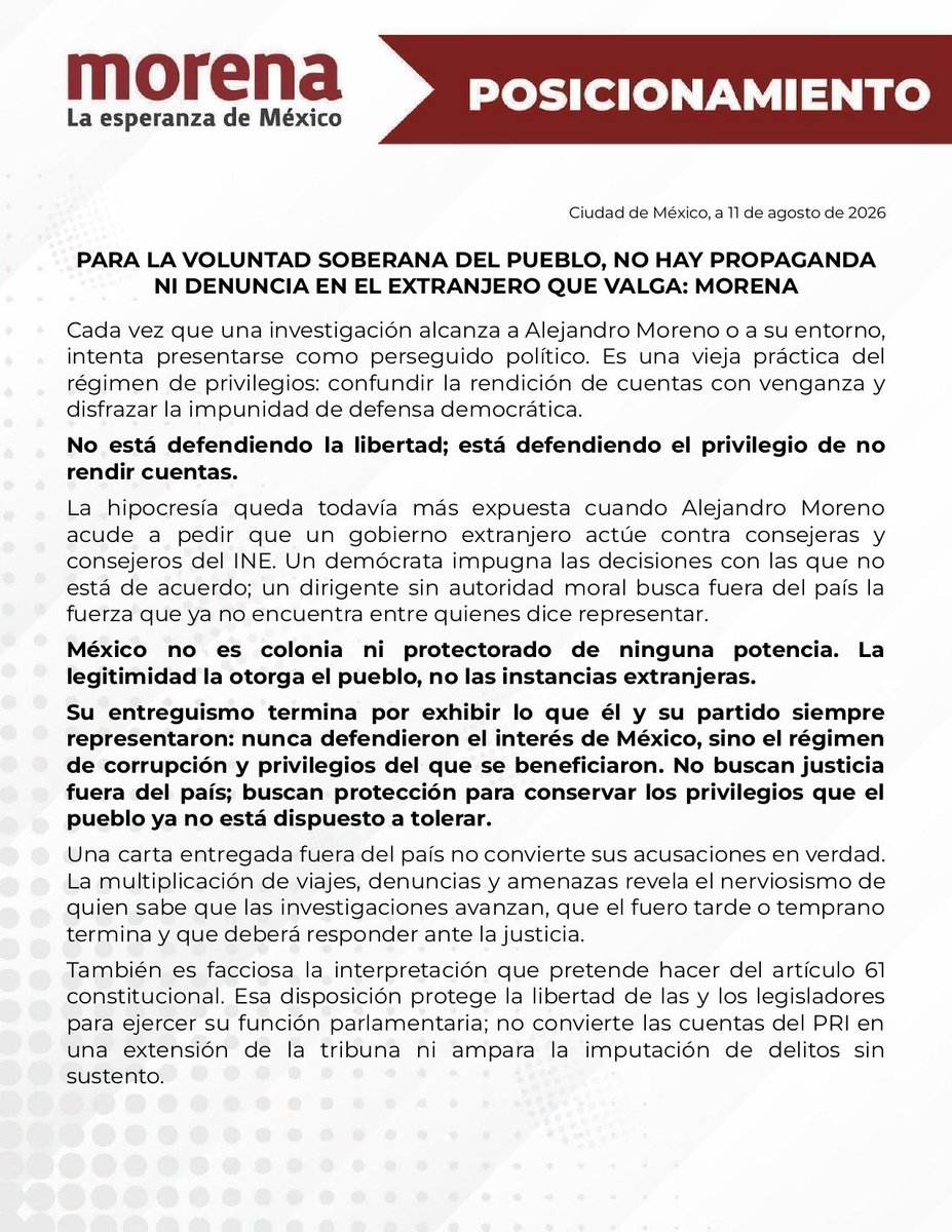 azucenau's tweet photo. 🔴Ante las denuncias internacionales del dirigente nacional del PRI, Alejandro Moreno, Morena señala que pedir intervención extranjera demuestra desesperación y falta de autoridad moral.

Argumenta que buscar protección fuera del país no borra expedientes ni detiene investigaciones.

Asegura que el fuero no es un escondite para la impunidad ni la Constitución ampara delitos.