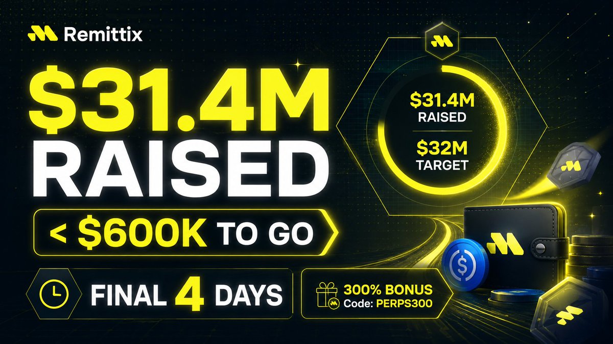 remittix's tweet photo. 🚨🔥 REMITTIX IS CLOSING IN ON $32M 🔥🚨

The presale has now crossed $31.4 MILLION.

That means less than $600K remains until the team reveals the official RTX launch date. 👀

And at the exact same time…

There are now LESS THAN 4 DAYS remaining to use:

🔥 300% RTX BONUS 🔥
🔥 Code: PERPS300 🔥

But that’s not all.

Buyers during the promotion will also receive 10% back in trading credits, paid in USDC on Arbitrum directly to their wallet once the bonus campaign finishes.

So right now you have:

✅ $31.4M+ raised
✅ Less than $600K to the launch-date reveal
✅ Less than 4 days left on PERPS300
✅ 300% RTX bonus
✅ 10% back in USDC trading credits

This is where the countdown starts getting serious.
$32M is no longer far away.

The launch-date reveal is getting closer by the day.
And the current bonus window is disappearing with it.

If you’ve been sitting on the sidelines waiting for the next major milestone…

This is it.

Use PERPS300 before the clock runs out. 🔥🚀