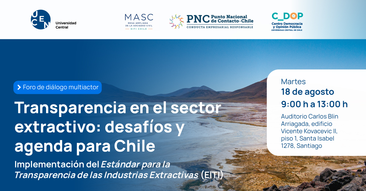 EsPublicoCL's tweet photo. 📢 Transparencia en el sector extractivo: desafíos y agenda para Chile en el marco de EITI.

El 18 de agosto reunimos a sociedad civil, Estado, industria y academia para dialogar sobre transparencia fiscal, socioambiental y beneficiarios finales.

📍 Universidad Central, Santiago.
👉🏽 ¡Inscríbete aquí!
https://t.co/oHnoqxVzQW