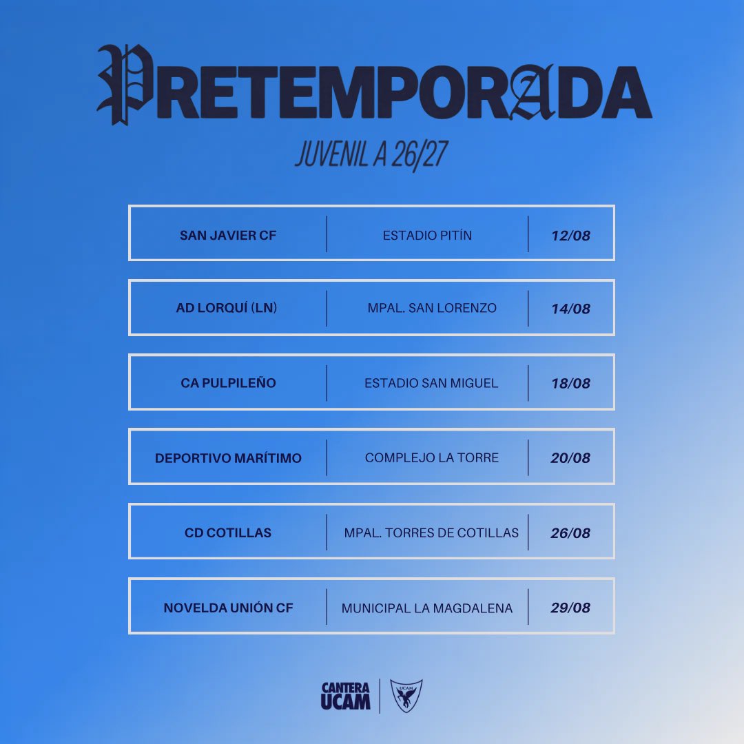ucamcf_academy's tweet photo. 📝 Nuestro 𝐉𝐮𝐯𝐞𝐧𝐢𝐥 𝐀 disputará seis amistosos de pretemporada para preparar el nuevo curso en el Grupo VII de División de Honor.

🔛 Mañana, primera prueba ante el @sanjaviercf a las 20:00h en el 🏟️ Estadio Pitín.

#CanteraUCAM | 2026/27 https://t.co/YrMyevrjmH