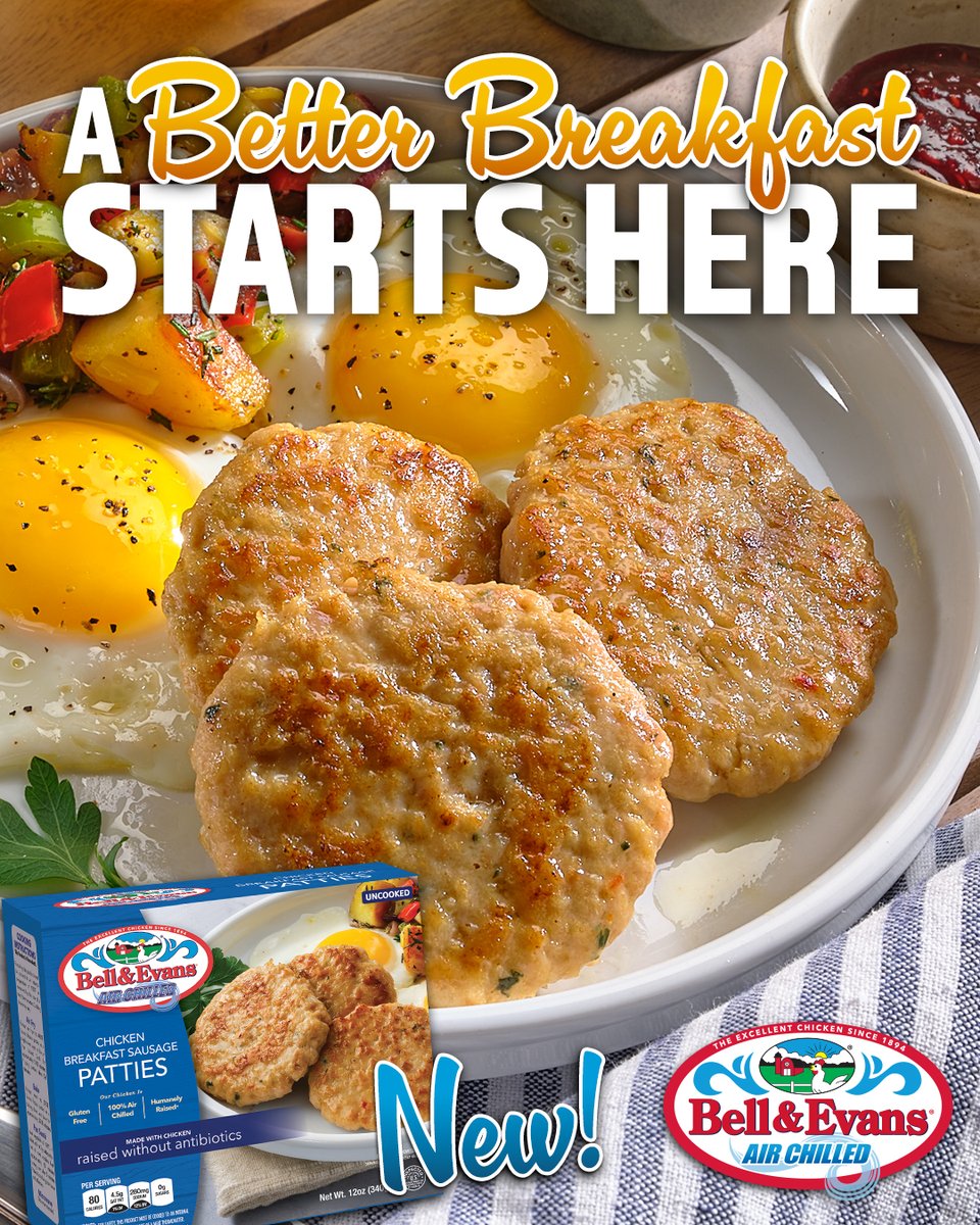 BellandEvans's tweet photo. Introducing our NEW Chicken Breakfast Sausage Patties! 
Made with Bell & Evans 100% air chilled chicken and simple ingredients for an easy, delicious start to your day.
✔️ Frozen and ready to cook
✔️ 6 patties per box
✔️ Only 280mg sodium per serving

A better breakfast starts here.  https://t.co/uR3XX1BMoj
Available now at most retailers that carry Bell & Evans. 
#BellAndEvans #BreakfastMadeBetter