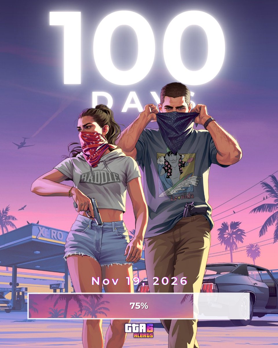 GTA6Alerts's tweet photo. 100 days left until GTA 6 release. ⏳ https://t.co/vkmQ3BQbj4