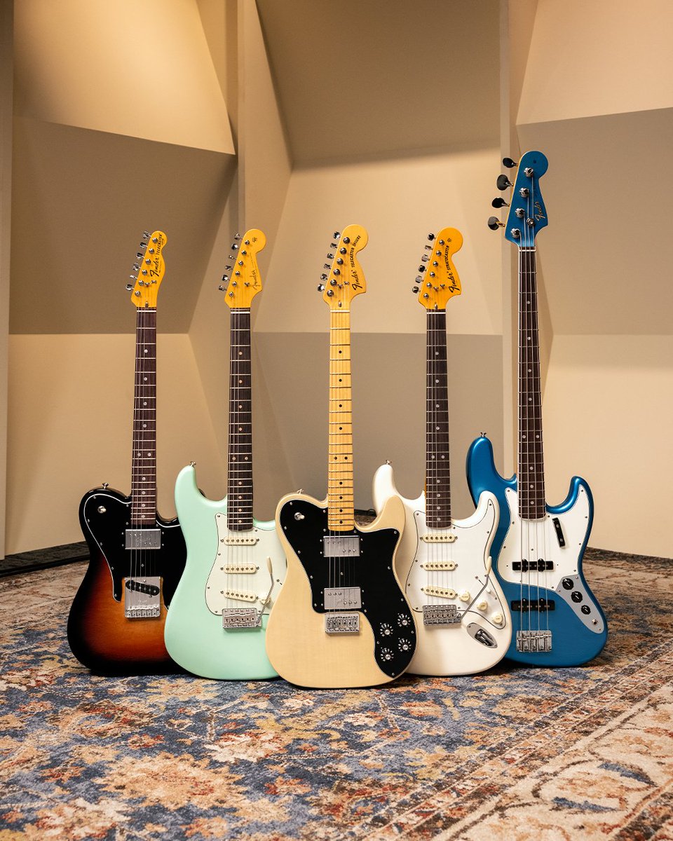 Fender's tweet photo. New American Vintage II Series Colors! Now available in Vintage Blonde, Surf Green, Candy Apple Red, Olympic White, 3-Color Sunburst and Prototype White. Start shopping: https://t.co/PQJgC1ciWf https://t.co/b9TmQiN1iS