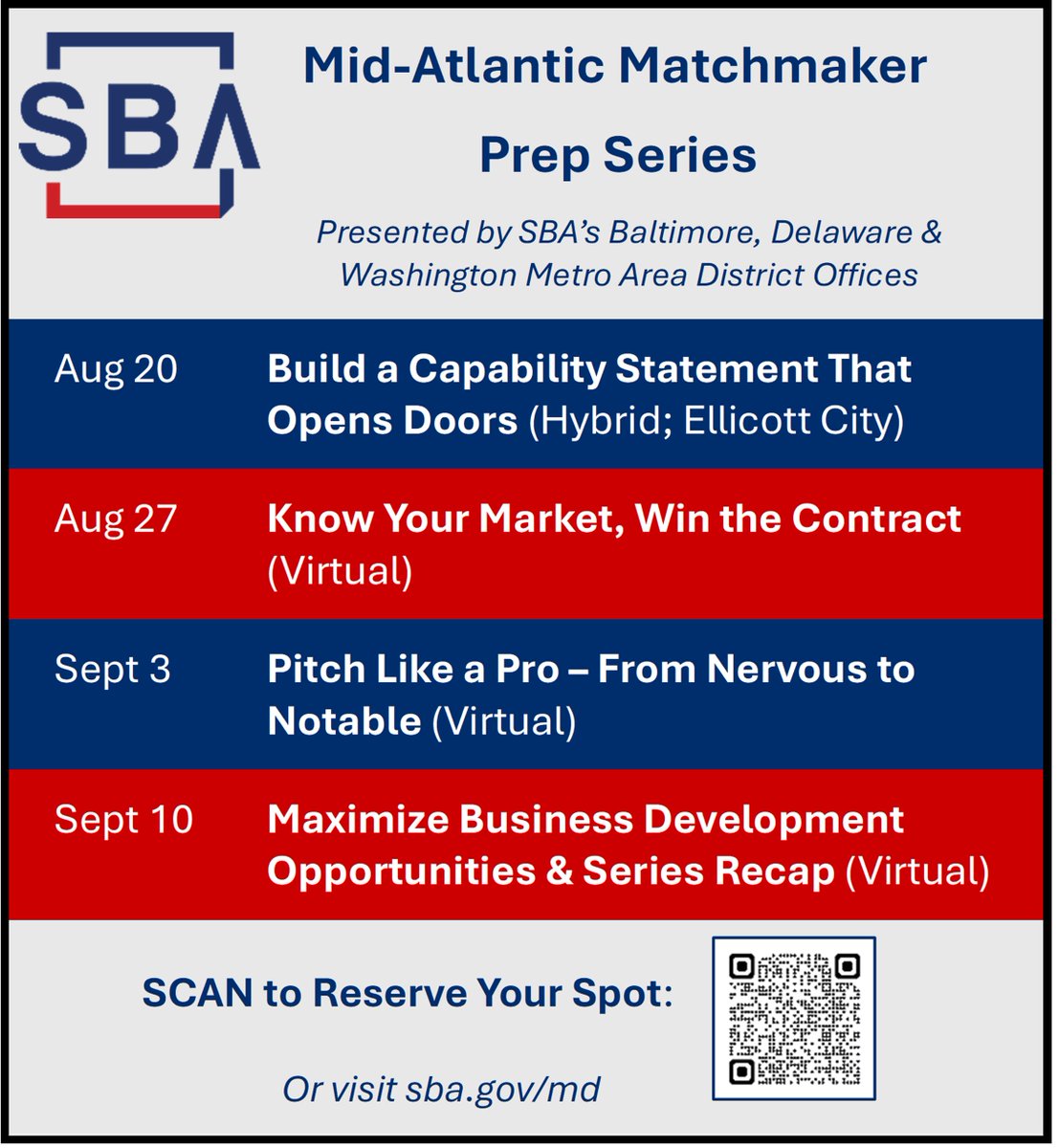 masonsbdc's tweet photo. SBA Mid- Atlantic Region is launching the Mid-Atlantic Matchmaker Prep Series for government contractors. 4-part training initiative offered in a hybrid format!

See links below for more events:
https://t.co/kSTOE6EuIY
https://t.co/jJefx9n3tL
https://t.co/Xwsu0Z9giY https://t.co/RHsgkrh2r6