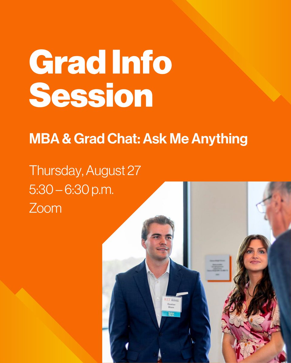 RITbusiness's tweet photo. Thinking about earning a graduate degree in business?
Join us on August 27 at 5:30 p.m. (EST) for a virtual Graduate Info Session!

🗓️ August 27 | 5:30 p.m. | Zoom
Click to register: https://t.co/KKXR5qLEe7 https://t.co/fYfmsUp7yt