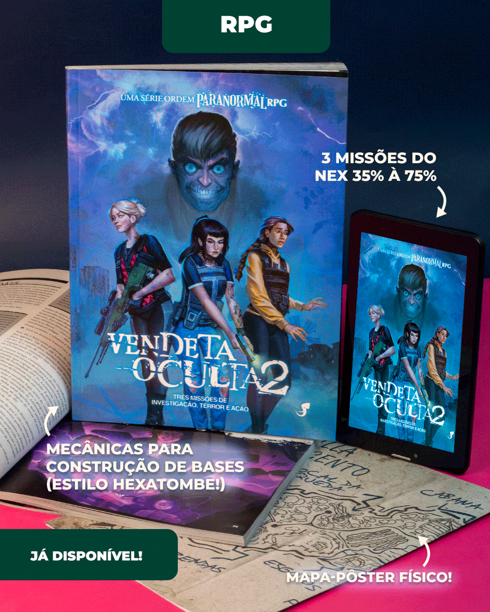 jamboeditora's tweet photo. 🔎 Em VENDETA OCULTA Vol. 2, corra contra o tempo em uma perseguição a Giordano Argento, conhecido vilão de #OrdemParanormal, com 3 missões sequenciais espalhadas pelo mundo e novas mecânicas para construir bases e sobreviver (semelhantes às de #Hexatombe!)

⚔️ Sua jornada pelos sete reinos acaba de ficar ainda mais épica! A Lenda de Ghanor RPG — SÓ AVENTURAS traz 3 aventuras INÉDITAS e repletas de humor e caos à lá #NerdcastRPG!