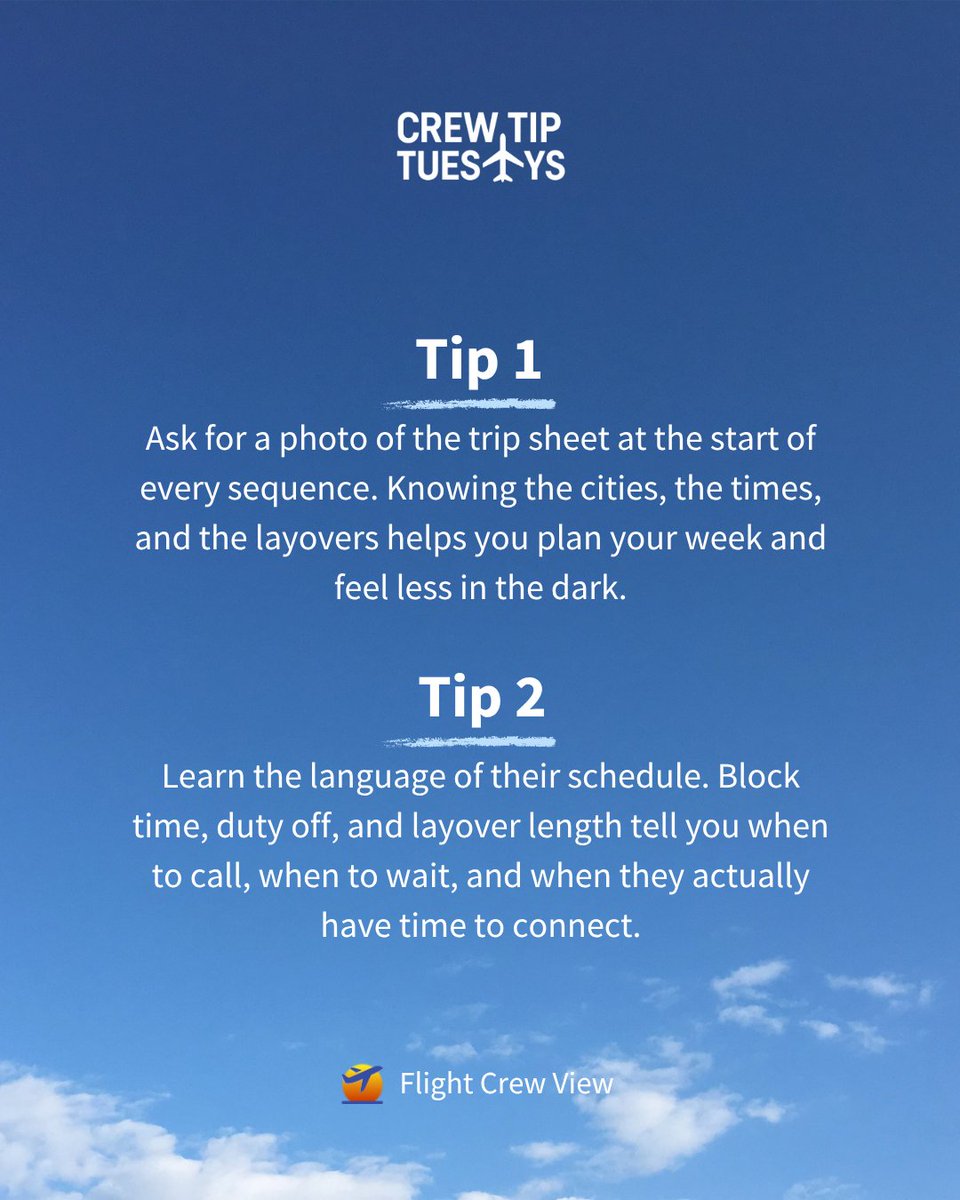 flightcrewview's tweet photo. This Crew Tip Tuesday is for the partners and families of flight crew who hold everything together at home while their person is in the sky. Send it to them. ✈️

#crewtiptuesday #crewfamily https://t.co/CHpqQC4tzY