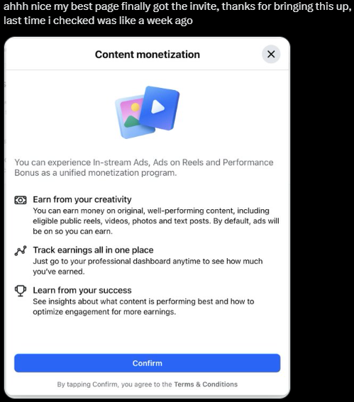 Screenshot showing a Content Monetization invite appearing in a publisher's professional dashboard