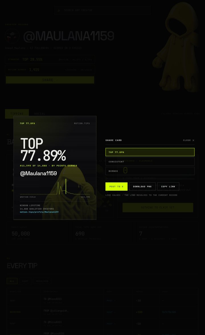 Maulana1159's tweet photo. Just found a new way to earn $MOTION through tipping!

With 
@motiontip  you can support creators you like while potentially earning Motion Tokens

How it works :
→ Login with X
→ Create a post about 
@motiontip

→ Find a post/creator you like
→ Comment 
@tipmotion
 10-3000 https://t.co/ybPizIuism