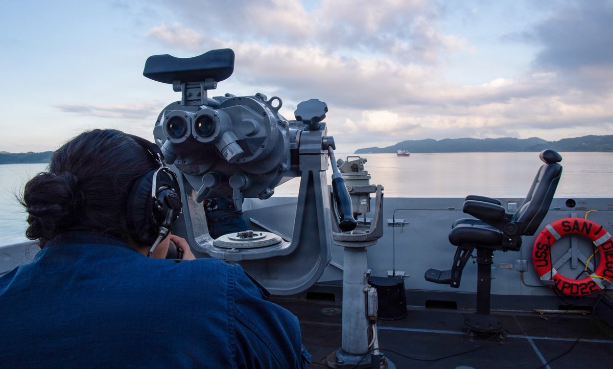 USPacificFleet's tweet photo. At the helm⚓ 
USS San Diego (LPD 22) Sailors conduct navigation and sea and anchor operations in Sasebo, Japan, keeping the forward-deployed ship ready across U.S. 7th Fleet. #USNavy #7thFleet #Readiness https://t.co/9WNLVOwLta