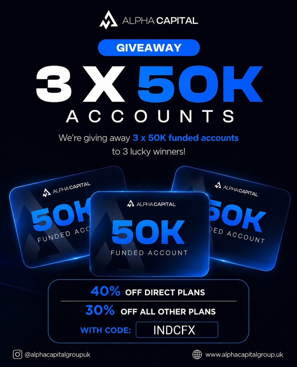 indcfx's tweet photo. I'm partnering with @AlphaCapitalUK I will be giving away 3 X 50k challenge accounts

✅Must follow:
@AlphaCapitalUK 
@indcfx 

🎁Use my code: INDCFX to grabbed 50% off on all challenge accounts 

✅Like and Repost 

✅Tag 3 Traders

Winners in 7days https://t.co/089h90lMMP