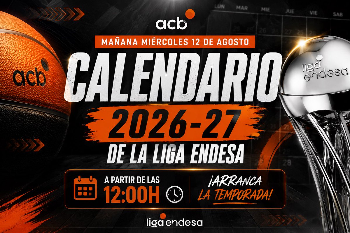 EcBaloncesto's tweet photo. 🏀📅 ¡YA HAY FECHA!

La ACB hará público mañana, miércoles 12 de agosto, el CALENDARIO de la Liga Endesa 2026/27.

🕛 A partir de las 12:00h conoceremos el camino del Real Madrid en la nueva temporada.

👀 ¿Cuál será el primer rival? https://t.co/0rTBrbyy3P