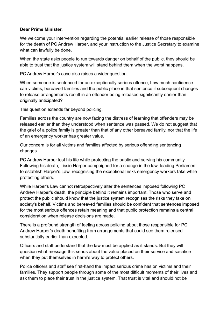 PolitlcsUK's tweet photo. 🚨 BREAKING: All police chief constables in the UK have called for Andy Burnham to ensure PC Andrew Harper's killers are not released early 

"We make this request in memory of PC Andrew Harper, in support of his family, friends, colleagues and the communities he served" https://t.co/I5MCl2q7nG