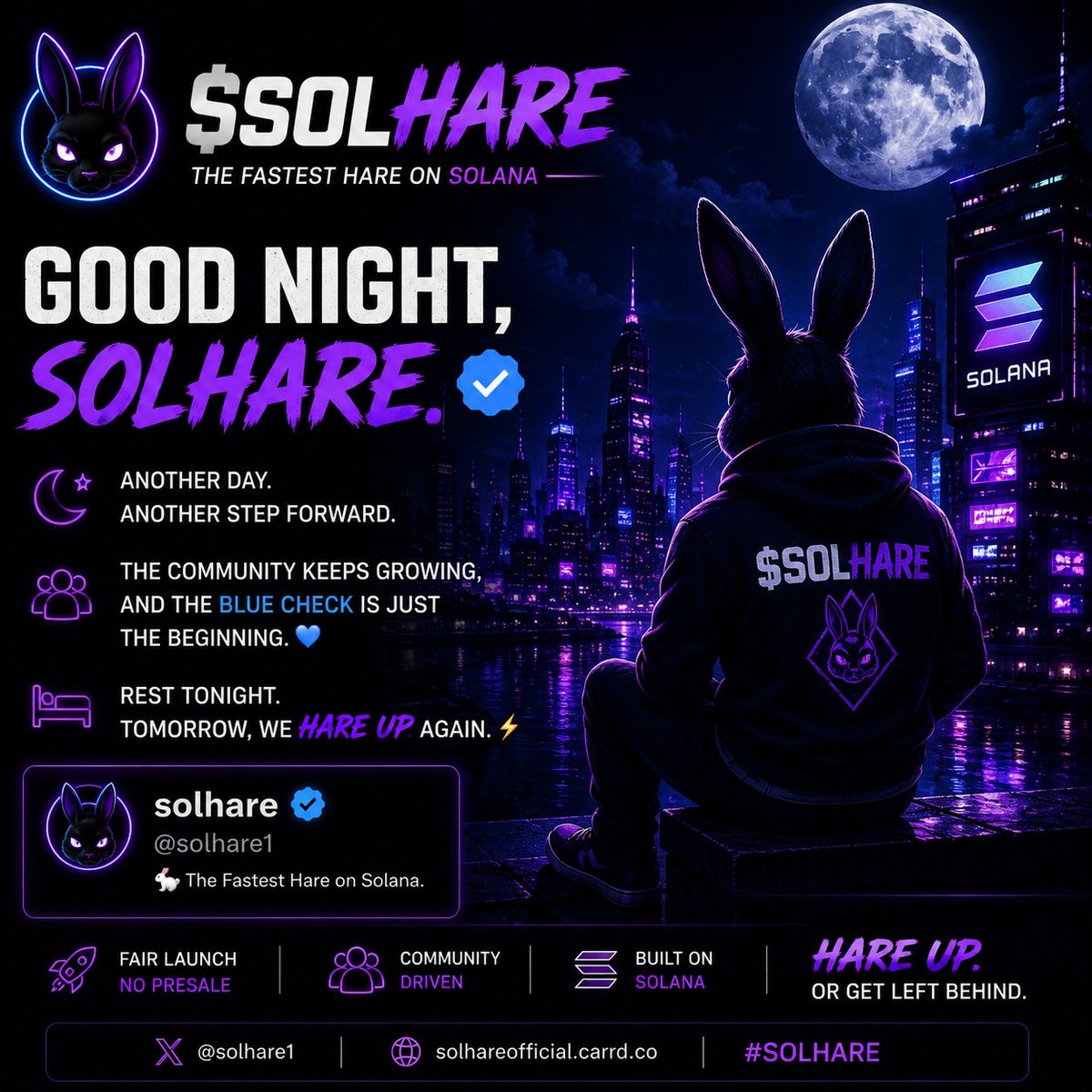 solhare1's tweet photo. 🌙 GOOD NIGHT, SOLHARE. 🔵
Another day. Another step forward.
The community keeps growing, and the blue check is just the beginning. 💙
Rest tonight.
Tomorrow, we HARE UP again. 🐇⚡
$SOLHARE
🔵 @solhare1
#SOLHARE #Solana #CryptoCommunity #HareUp https://t.co/vw5N7huhU4