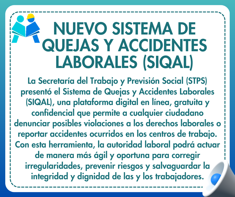 GMcapacitacion1's tweet photo. 📢 La #STPS lanzó el Sistema de Quejas y Accidentes   Laborales (SIQAL), una plataforma digital gratuita y confidencial para denunciar violaciones a los derechos laborales o reportar accidentes en los centros de trabajo.
👉 Ingresa aquí: https://t.co/VI53pKxSsm https://t.co/760JmXVHN8