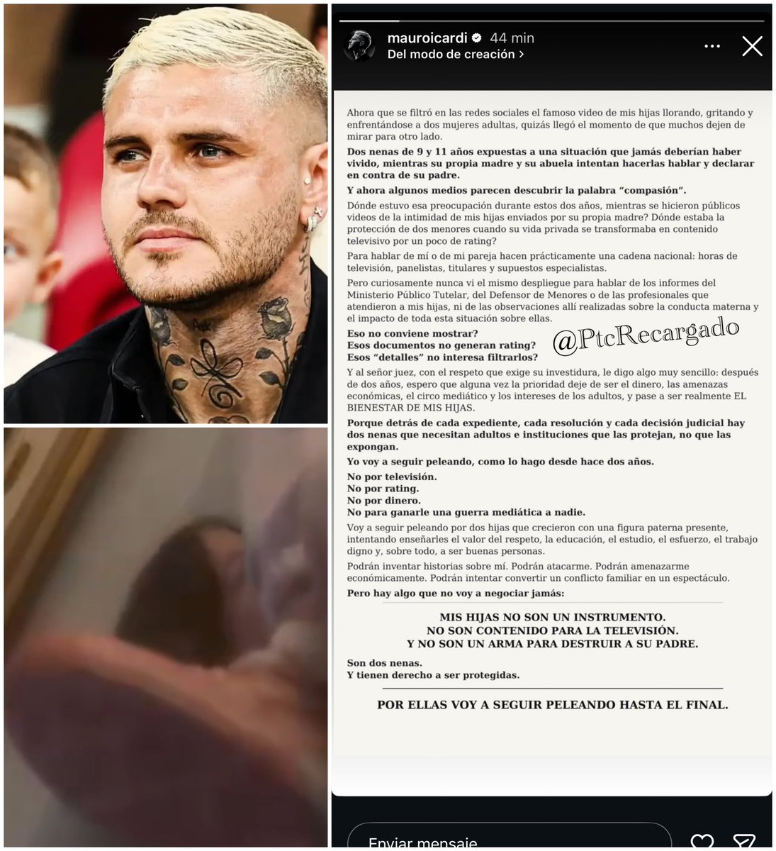 PtcRecargado's tweet photo. Ahora 🚨 
Mauro Icardi habló sobre el video de sus hijas llorando 💥🔥
“Ahora que se filtró en las redes sociales el famoso video de mis hijas llorando, gritando y enfrentándose a dos mujeres adultas, quizás llegó el momento de que muchos dejen de mirar para otro lado…..”
Que Opinas ?