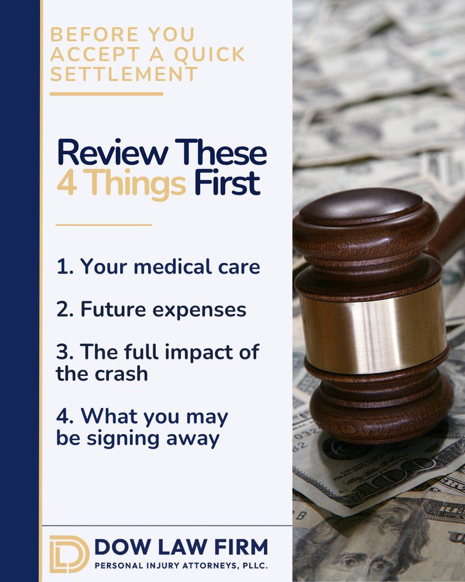 LukeDowLaw's tweet photo. A quick settlement may feel like relief, but accepting it can end your right to seek more compensation. Before agreeing, consider future medical care and the full impact of your injuries. Dow Law Firm can help you evaluate the offer.

#InjuryLawyer #PersonalInjury https://t.co/ckgRc8EMv6