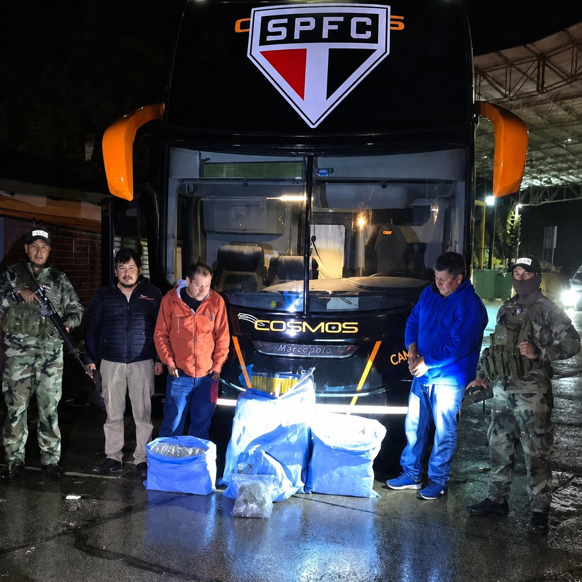 liberta___depre's tweet photo. Ônibus que transportaria a delegação São Paulo durante a passagem do clube pela Bolívia foi apreendido na altura de Cochabamba, nesta terça-feira (11), com 86,5 quilos de maconha.

Quatro sacolas contendo a droga foram encontradas no veículo. Três pessoas foram detidas durante a operação. Apesar da apreensão, a empresa "Buses Cosmos", responsável pelo serviço, disponibilizou outro ônibus no horário previamente combinado para atender ao clube paulista.

Via: @RedUnoTv / @UOLEsporte 

Via: Diego Viamont/Red Uno