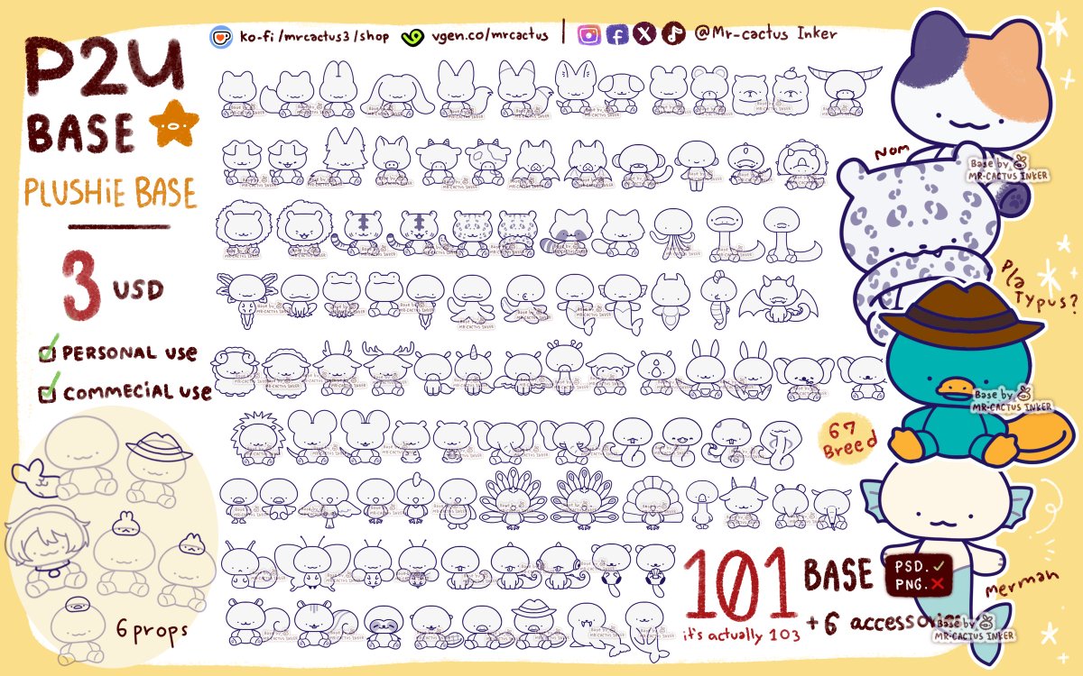 Mr_cactus_Inker's tweet photo. 101 bases(its actually 103) , 67 breed (I didn't mean to-)
animal plush base
...I got too carried away
open now on ko-fi and vgen shop https://t.co/msFKYR1s6G