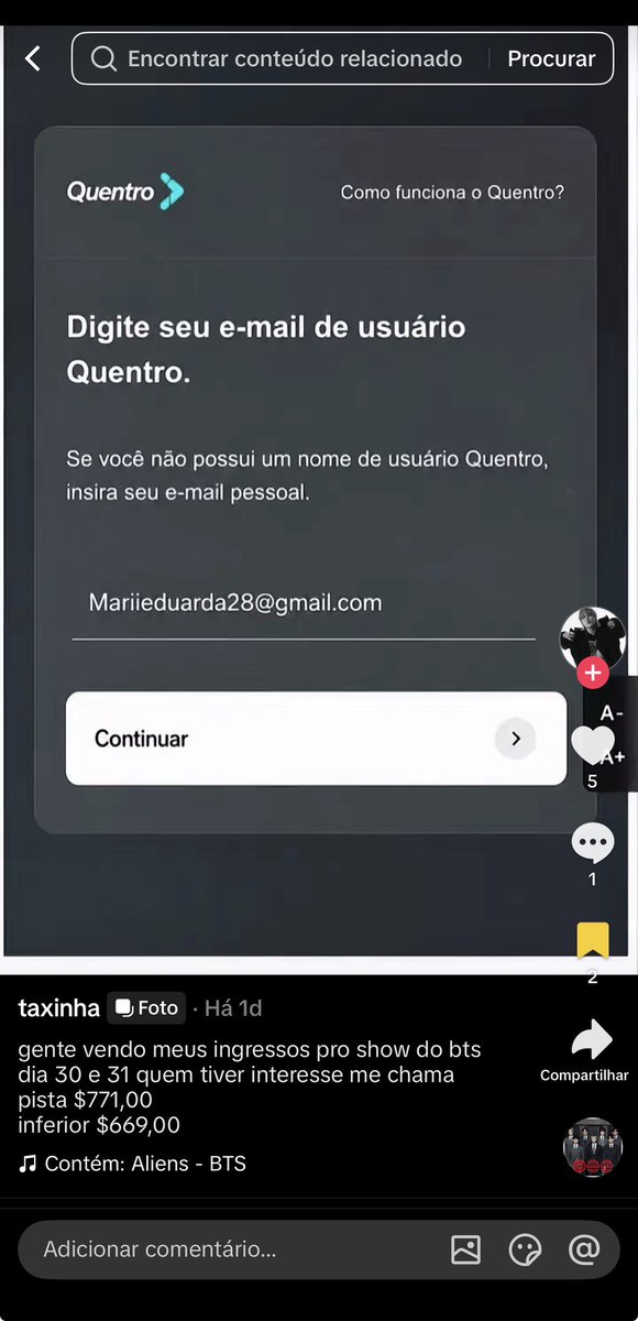 sub13jk's tweet photo. Conta que ela está usando no tiktok para novos golpes com o MEU EMAIL, que eu passei pra transferir os ingressos no Quentro https://t.co/9nzxwX01I2