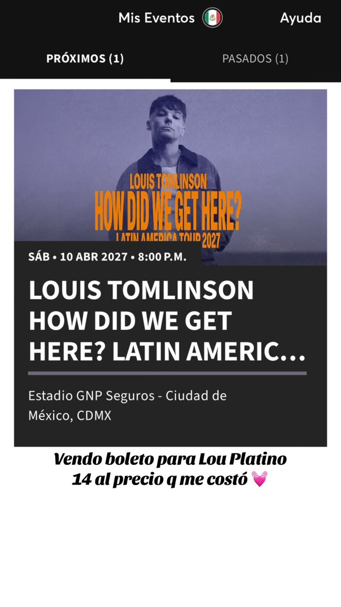 vlb2z5's tweet photo. Vendo mi boleto para Lou en CDMX, Platino 14 al precio de TM 💓
#louistomlinson #estadiognp #onedirection https://t.co/JIvzxYK5fq