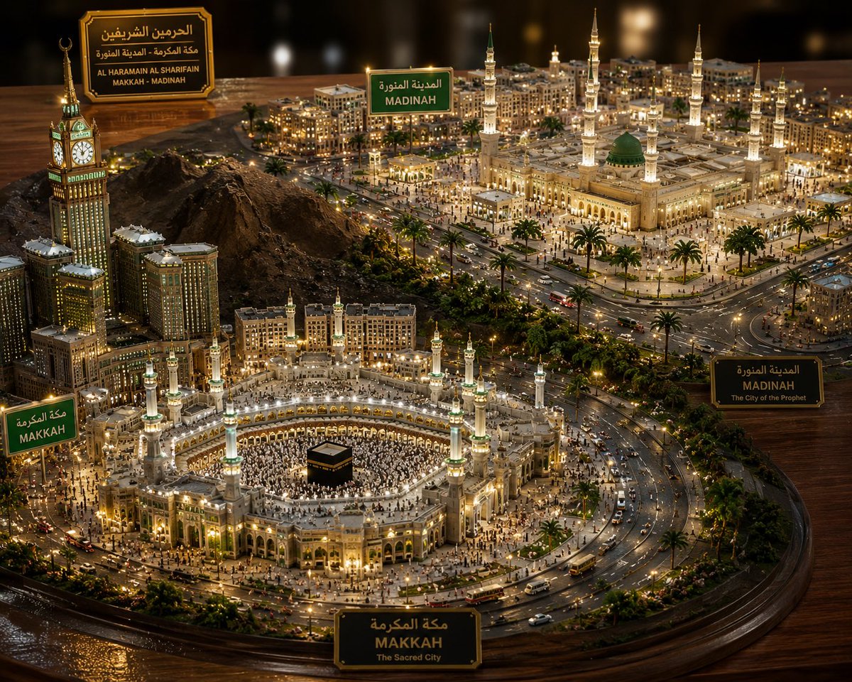 Mud01185127's tweet photo. Two sacred cities. One unforgettable view. 🕋💚

A miniature world inspired by Makkah & Madinah — bringing the beauty, lights, architecture, and peaceful atmosphere of the Haramain into a tiny diorama.

If you could visit right now, which would you choose? ❤️
❤️BOTH
🕋 Makkah
💚 Madinah
Image created by using chat gpt2 
Prompt:
On a polished wooden table, a hyper-realistic miniature city of MAKKAH AND MADINA is displayed, complete with detailed urban infrastructure, busy roads, flyovers, markets, streetlights, gardens, and modern buildings.

The iconic Rajwada Palace stands prominently at the center, with other recognizable Indore elements like clean wide streets, food stalls inspired by Sarafa Bazaar, bustling public spaces, and local city vibes.

Tiny cars are driving on the roads, people are walking on sidewalks, and the city feels alive with motion and activity.

Ultra-detailed architecture, cinematic lighting, realistic textures, depth of field, tilt-shift photography style, lifelike shadows, vibrant yet natural colors, extremely detailed, hyper-realism, 8K