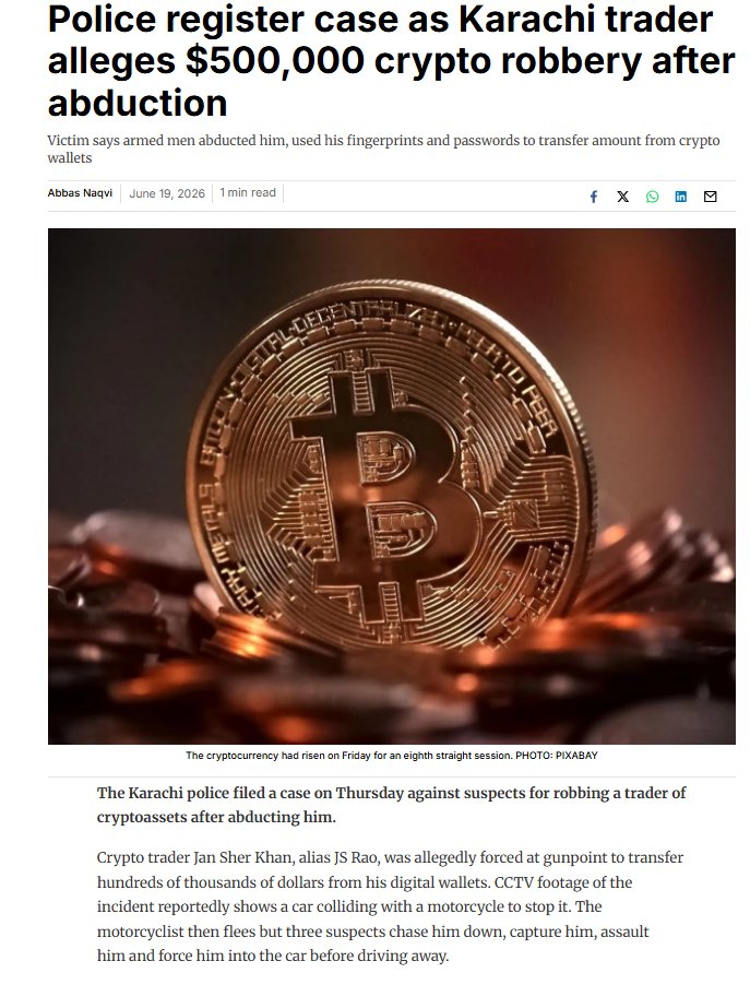 PakiSwift's tweet photo. Karachi has seen a dangerous rise in kidnappings targeting high-profile individuals especially cryptocurrency traders, where victims are abducted at gunpoint and forced to transfer hundreds of thousands of dollars in digital assets.

I don't believe this can happen easily without support from within the Law Enforcement authorities, especially because in one of the cases a mobile van was used to abduct someone. And the recent coverrup attempt in Mir Raza's case only adds to my suspicion that powerful Individuals within Sindh Government and Bureaucracy are running a mafia.

Even in Mir Raza's case his crypto wallet was suspiciously emptied before he was murdered.
