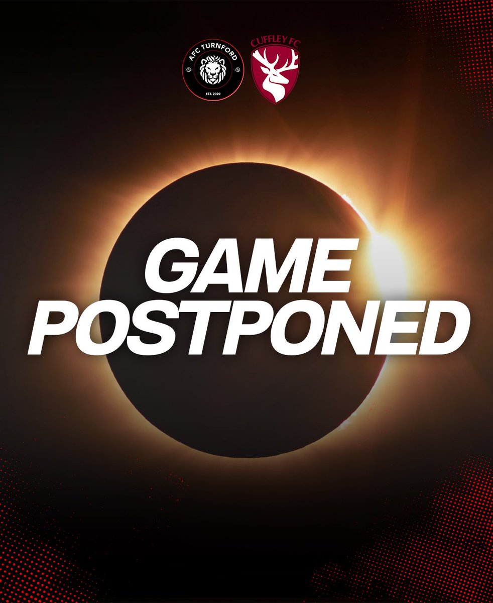 afctofficial's tweet photo. GAME POSTPONED 🚨

We have been informed by the league that Tomorrow’s game against Cuffley must be postponed due to the Eclipse that is due to take place as we don’t have any floodlights 🌑

The fixture will be rearranged to be played at a later date 📆 

#AFCT #MoreThanFootball https://t.co/DY8Jmm0Sti