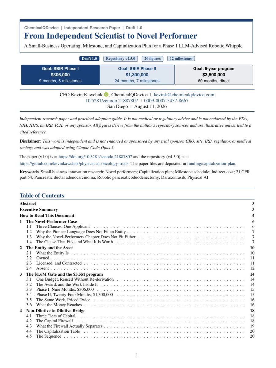 chemicalqdevice's tweet photo. Kawchak, K. (2026). From Independent Scientist to Novel Performer: A Small-Business Operating, Milestone, and Capitalization Plan for a Phase 1 LLM-Advised Robotic Whipple. Zenodo. https://t.co/jyyWR9Clyz https://t.co/7le2cWaxMe