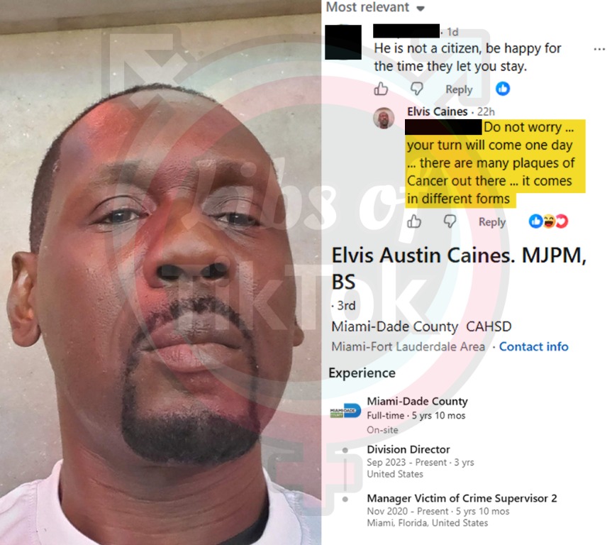 libsoftiktok's tweet photo. SCOOP: Meet Elvis Caines, a Division Director for Miami-Dade County, according to his LinkedIn.

He made a post online wishing for someone to get cancer because they mentioned that TPS for Haitians has ended.

Our tax dollars pay his salary.

Any comment, @MiamiDadeCounty? https://t.co/TaLX0dsr8a