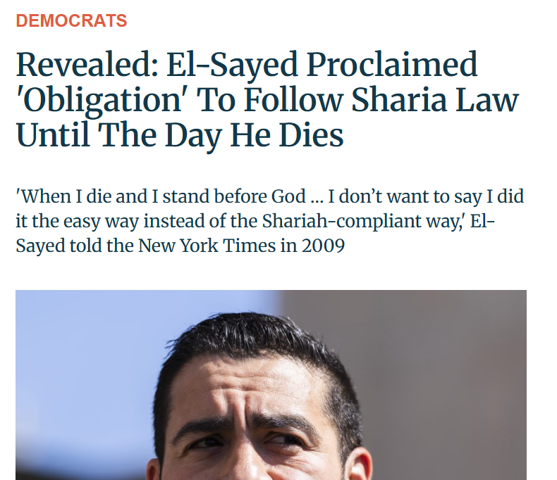 AndrewKerrNC's tweet photo. NEW: Abdul El-Sayed once declared his sacred "obligation" to follow Sharia law in every aspect of his life until the day he dies.

The unearthed comments raise an obvious question: how much does Sharia law continue to guide El-Sayed?

w/ @jessicaschwalb7

https://t.co/93AHqfSc5n https://t.co/he5o4oeHYI