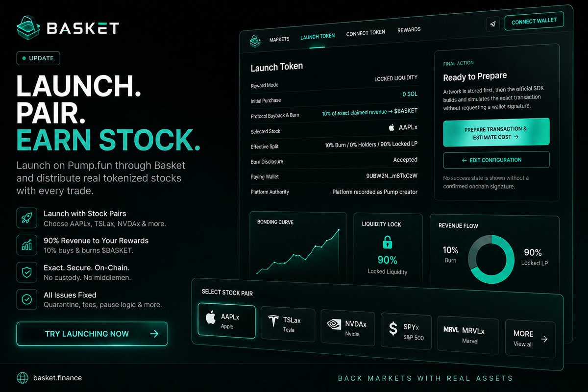 launchonbasket's tweet photo. Not only new launch. With Basket, You can Integrate tokens already launched on @pumpfun. 

You don’t need to launch any new tokens to get stock pairs you just need to configure your existing token on the https://t.co/SEhtqNdQRc launchpads. 10% of the creator fees will be charged for automated buybacks and burns of $BASKET.

Launch on https://t.co/SEhtqNdQRc powered by Raydium.