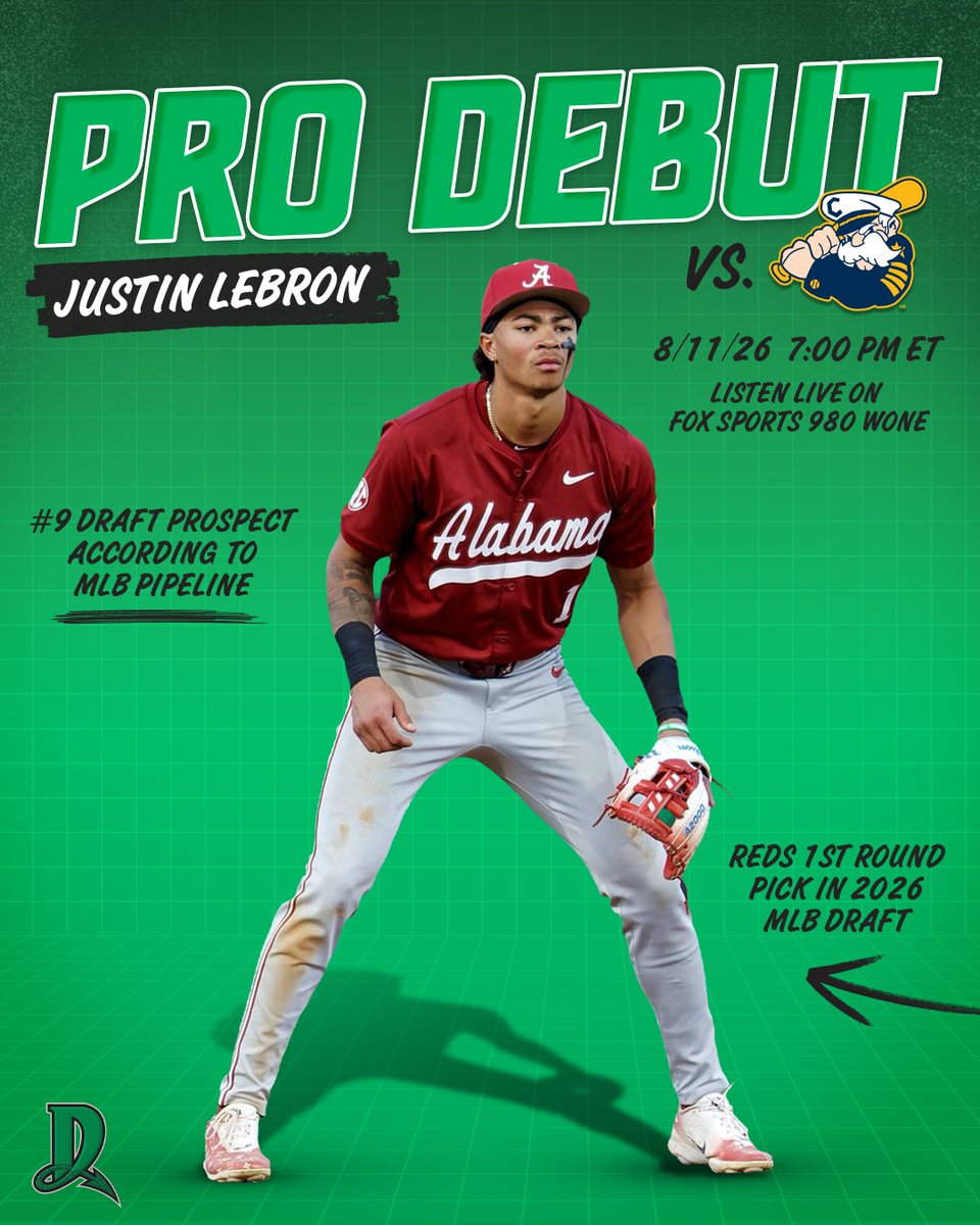 DragonsBaseball's tweet photo. Reds' 2026 1st round pick Justin Lebron has been assigned to the Dragons and is scheduled to make his pro debut tonight against the Lake County Captains. https://t.co/2WNceHEmNa