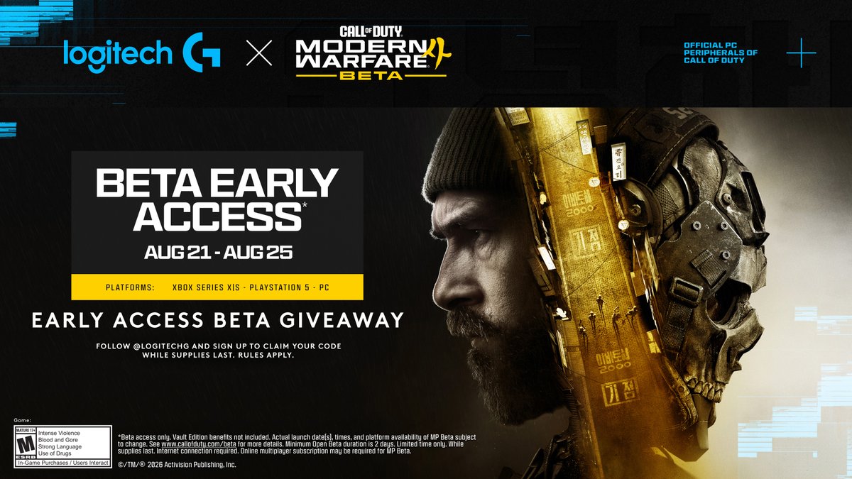 LogitechG's tweet photo. The wait is almost over. We snagged @CallofDuty Modern Warfare 4 Beta Access Codes and we're handing them to our community. Beta drops August 21.

Enter the giveaway 👉 https://t.co/7W4mTyfbPM https://t.co/YmlMl459t7