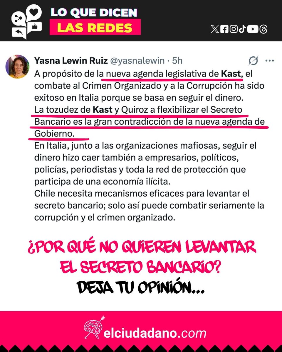 El_Ciudadano's tweet photo. ¿DÓNDE ESTÁ LA PLATA DEL CRIMEN?

El crimen organizado no guarda sus millones bajo el colchón.
Lava dinero, mueve capitales y busca entrar a la economía formal.

Por eso, si queremos combatir de verdad al narcotráfico, la extorsión y el lavado de activos, hay que seguir la ruta de la plata. 💰

La reforma de seguridad dejó fuera el levantamiento del secreto bancario.

Y queda una pregunta incómoda:

¿El miedo es al crimen organizado…
o a que aparezcan quienes evaden y eluden impuestos?

Porque si queremos seguridad de verdad, también hay que perseguir el dinero. #kast #reformaseguridad #quiroz #secretobancario #crimenorganizado