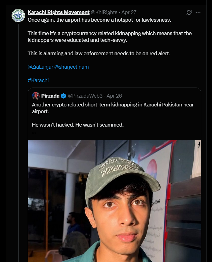 PakiSwift's tweet photo. Karachi has seen a dangerous rise in kidnappings targeting high-profile individuals especially cryptocurrency traders, where victims are abducted at gunpoint and forced to transfer hundreds of thousands of dollars in digital assets.

I don't believe this can happen easily without support from within the Law Enforcement authorities, especially because in one of the cases a mobile van was used to abduct someone. And the recent coverrup attempt in Mir Raza's case only adds to my suspicion that powerful Individuals within Sindh Government and Bureaucracy are running a mafia.

Even in Mir Raza's case his crypto wallet was suspiciously emptied before he was murdered.