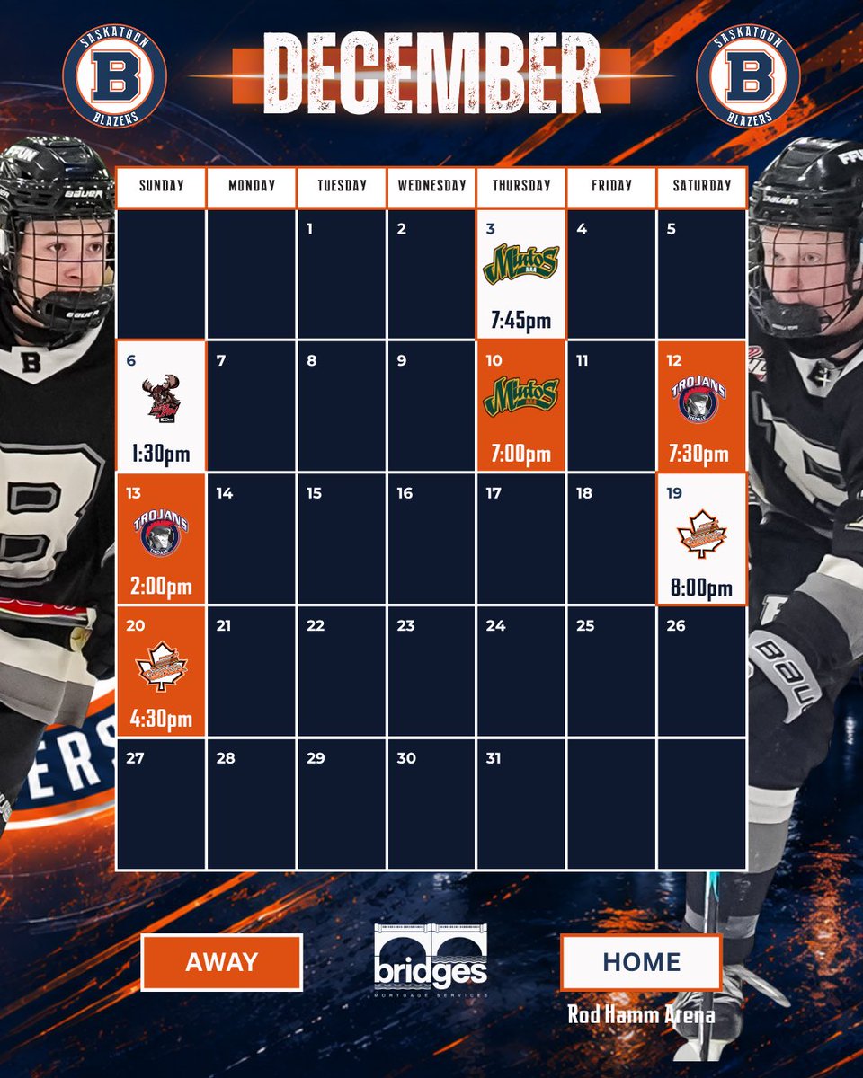 stoonblazers's tweet photo. 🗓️SCHEDULE DROP🗓️
We’re very excited to announce our 26-27 @smu18aaahl Schedule presented by @BridgesMortServ
Our Season kicks off with our Home Opener on Friday, October 2nd at the 🔨
See you soon Blazers Nation!
1/2⬇️
#BlazersHockey🔥🔥🔥 | #NoLimits | #YXE | #Saskatoon https://t.co/nYBBa5077F
