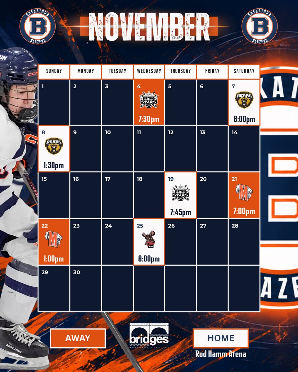 stoonblazers's tweet photo. 🗓️SCHEDULE DROP🗓️
We’re very excited to announce our 26-27 @smu18aaahl Schedule presented by @BridgesMortServ
Our Season kicks off with our Home Opener on Friday, October 2nd at the 🔨
See you soon Blazers Nation!
1/2⬇️
#BlazersHockey🔥🔥🔥 | #NoLimits | #YXE | #Saskatoon https://t.co/nYBBa5077F