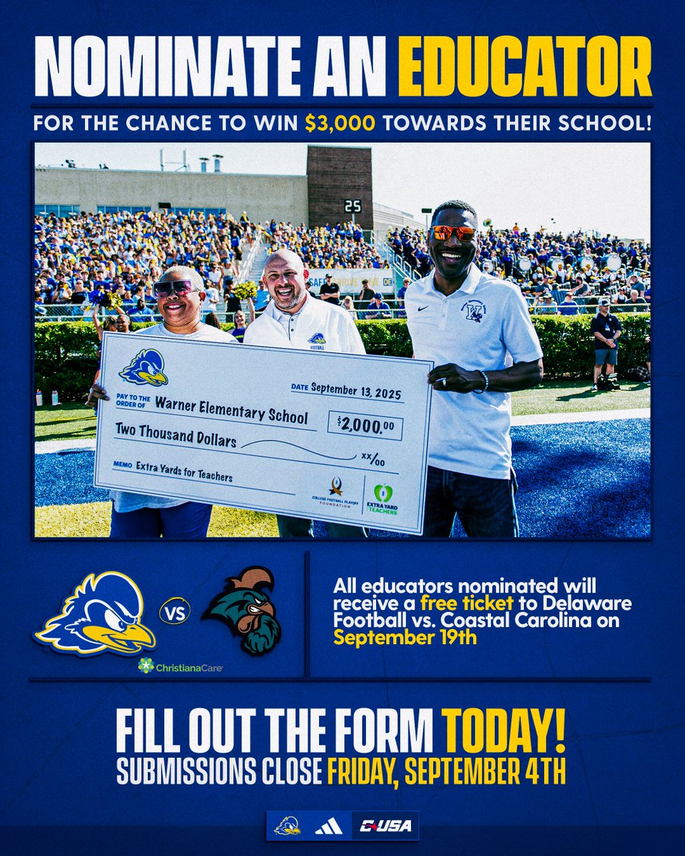 Delaware_FB's tweet photo. Nomination is open for Extra Yards for Teachers!

🔗: https://t.co/mpek6KDzvT https://t.co/skTljuMVnW