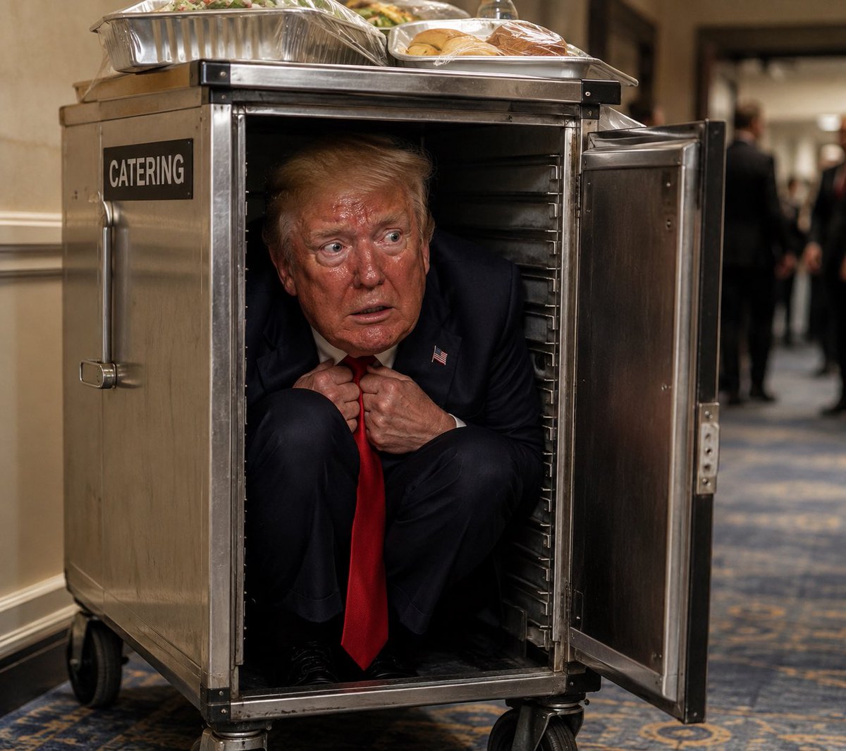 CjMfdt's tweet photo. He was the first president to ever hide in the capital bunker. 
Now he’s the first president to hide in a catering cart. 
What a pathetic coward. https://t.co/UDE9pH484v