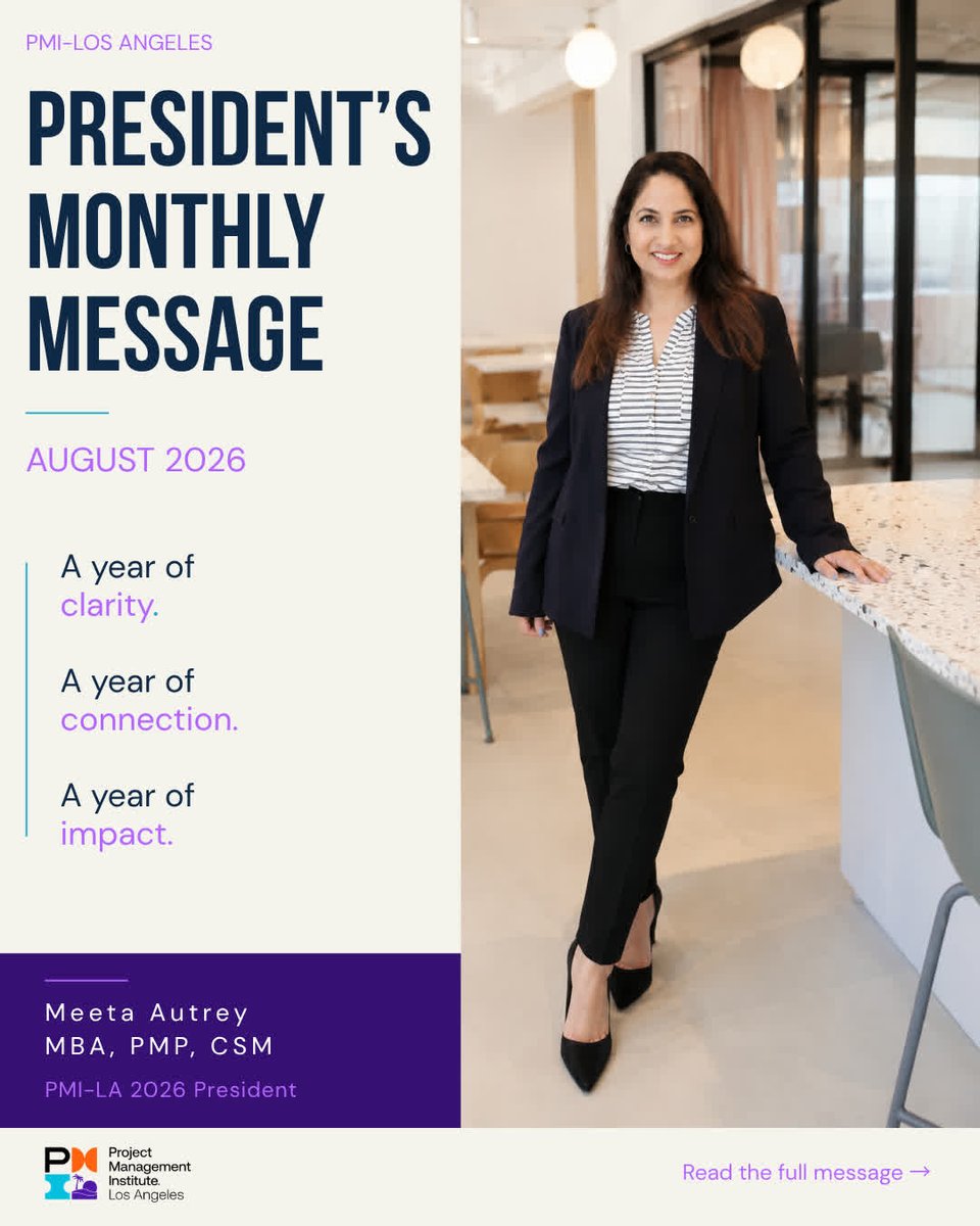 pmi_la's tweet photo. August is all about staying connected with PMI-LA! ☀️

From celebrating our first Super Members to upcoming events and opportunities to grow, there's plenty happening across our community.

Read the latest update from PMI-LA President Meeta Autrey.

https://t.co/kzTYQwMvNL https://t.co/r2ZVfuySYG