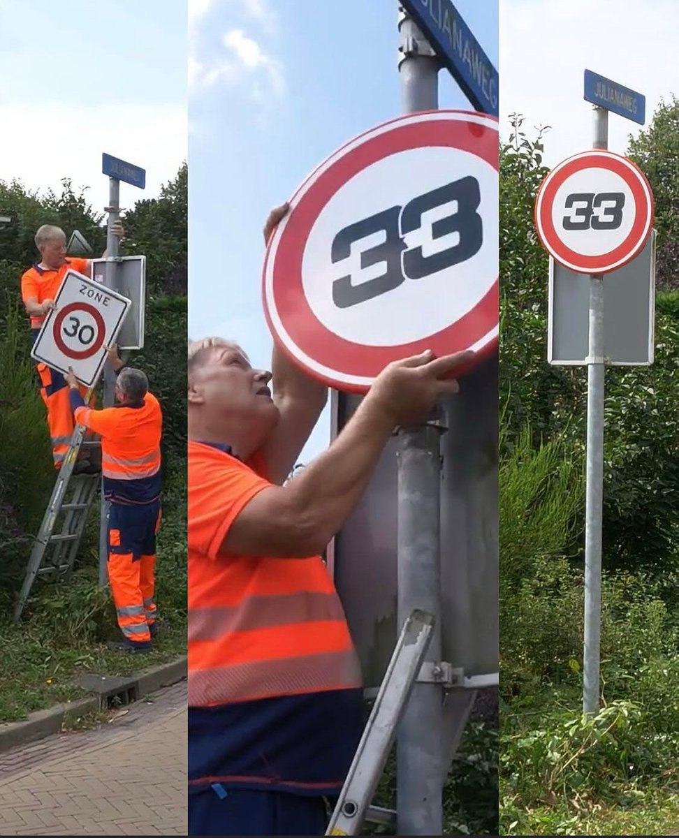 tirii_f1's tweet photo. Honour to the flying Dutchman 🦁 

When the speed limit was changed from 30 to 33 to honour the F1 royalty 🐐- Max Verstappen https://t.co/7nwUC2a3Fl