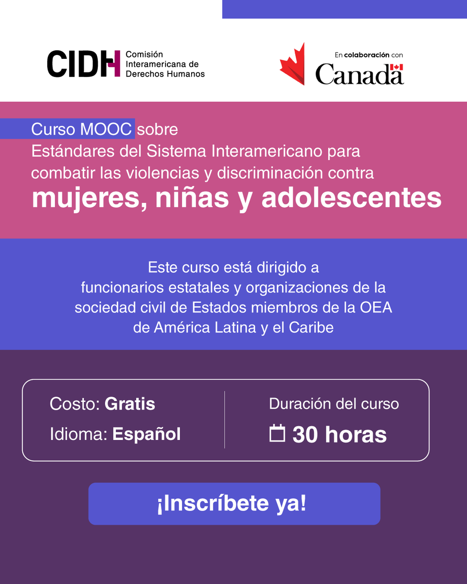 CEJAoficial's tweet photo. 📚 ¿Eres profesional del sector justicia? La @CIDH  ofrece un curso virtual y autodirigido sobre violencia y discriminación contra mujeres, niñas y adolescentes.
⚖️Disponible en español y en inglés
👉 Inscríbete: https://t.co/MeyaSZKhLM https://t.co/eH4XyJVw6M